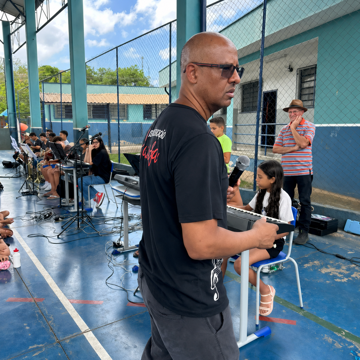 Professor conduzindo atividade musical com alunos em pátio escolar.